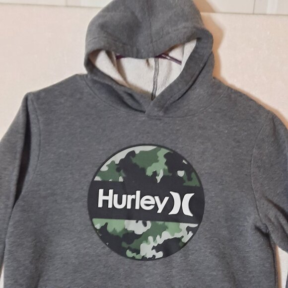 HURLEY CAMO LOGO YOUTH Gray Pullover Hoodie Big Center Spellout Camouflage 18-20 - Picture 1 of 9